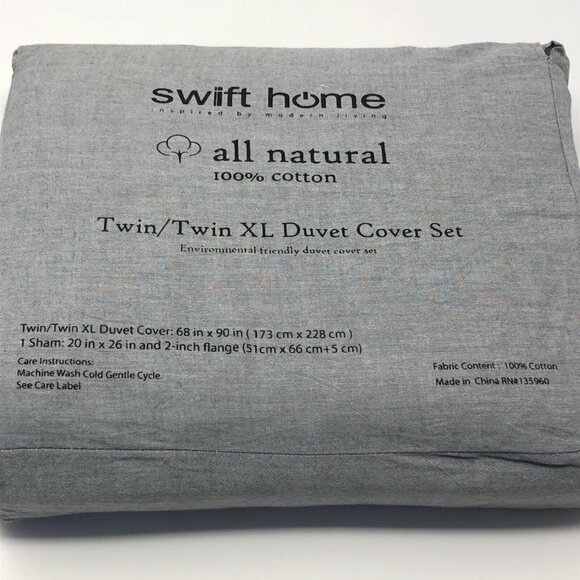 Swift Home 100% Cotton Twin/Twin XL Duvet Cover and Sham Set - Ash Gray - Picture 4 of 6